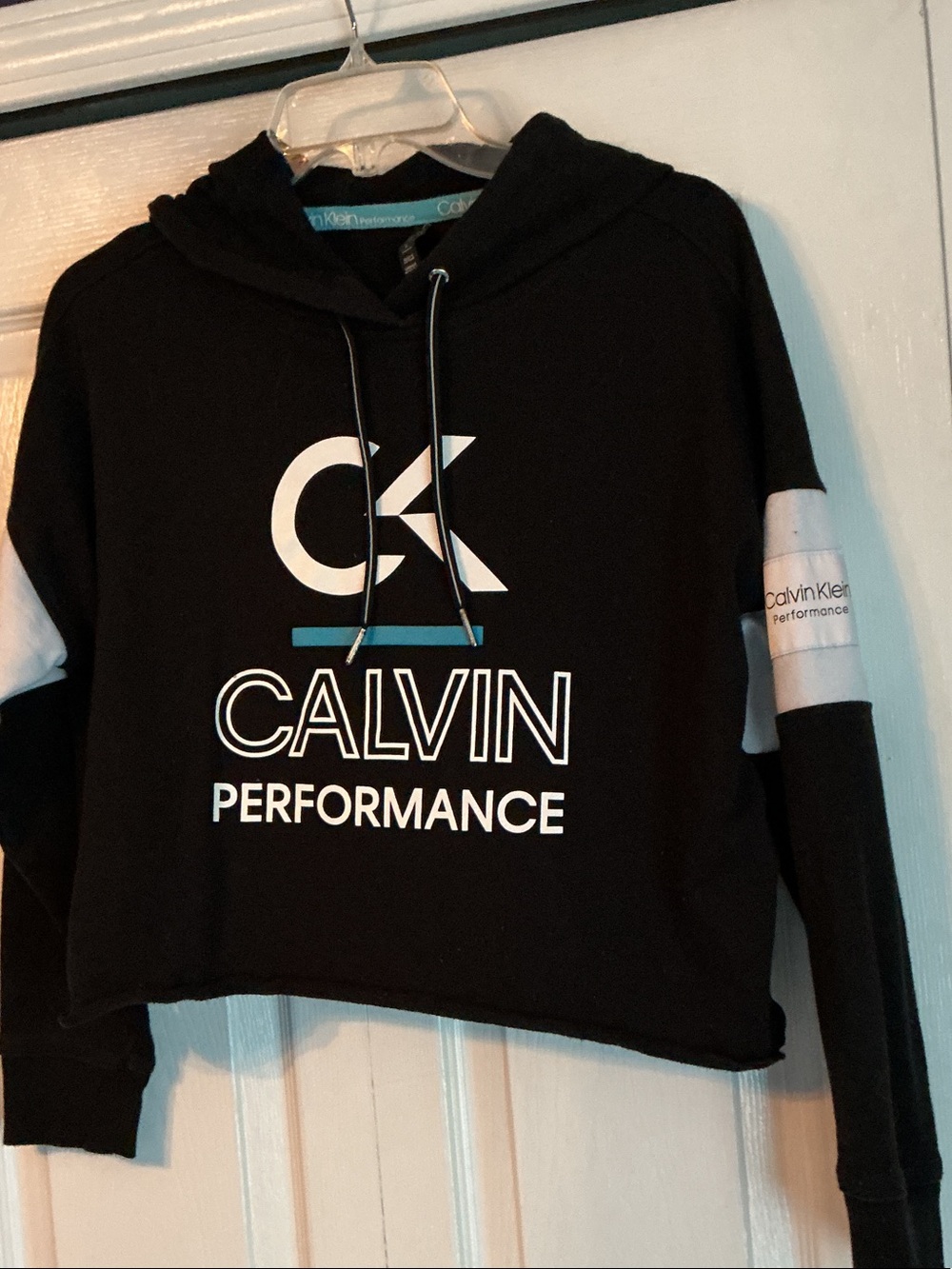 Calvin Klein Black and White Logo Cropped Hoodie